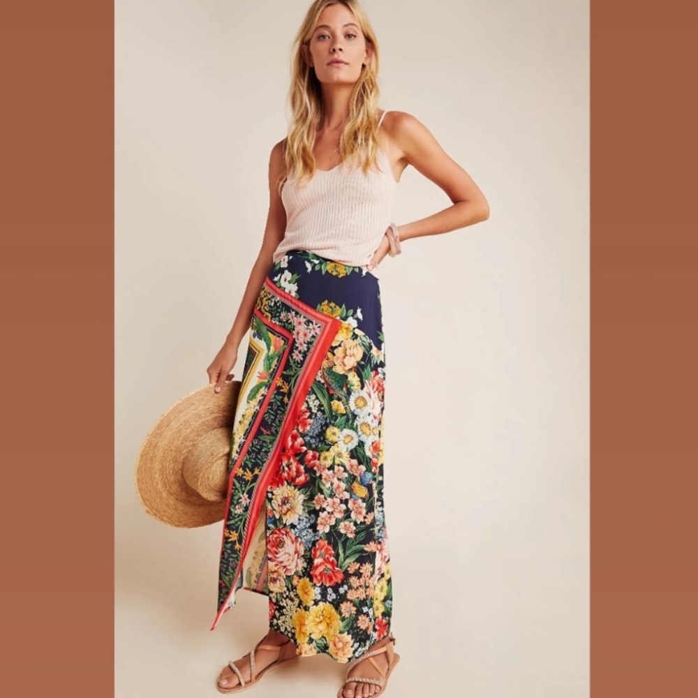 Anthropologie Navy Multi Floral Midi Skirt Farm Rio